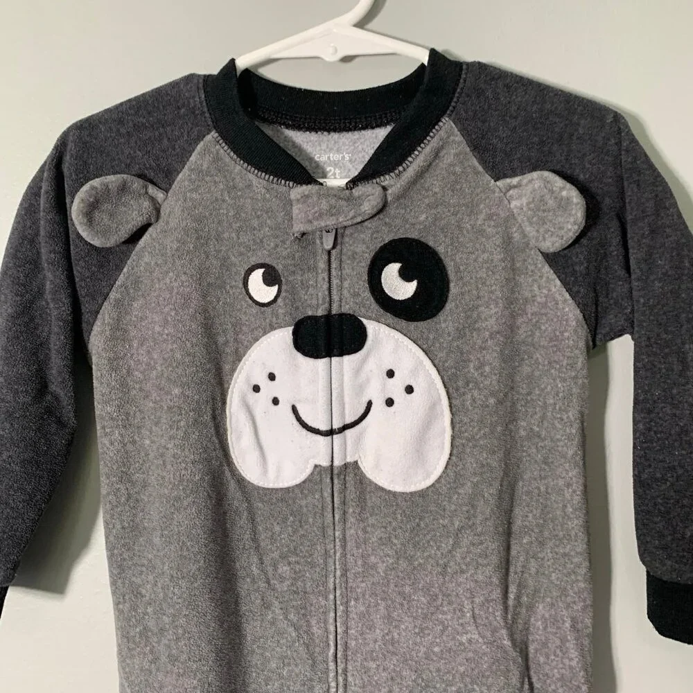 5/$25 Carter's Toddler Boys Gray‎ Fleece Dog Face Footed Pajamas Sleeper 2T